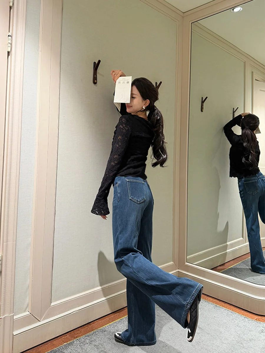 출산 바지 봄 새로운 스타일 벨 바닥 얇은 신축성 있는 임산부용 스트레이트 레그 청바지 올 시즌 긴 바지