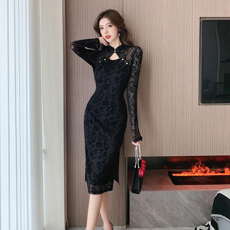 

Vintage Sexy Black Lace Long Sleeve Midi Dresses Women 2024 Spring Autumn Korean Elegant Fashions Evening Party Female Clothing