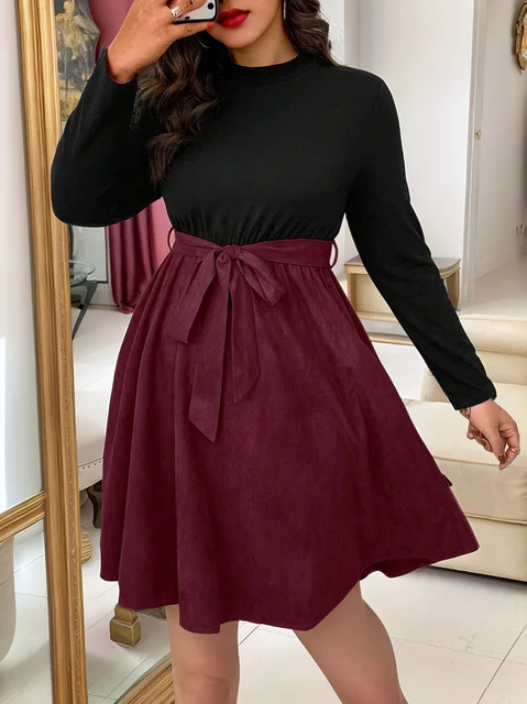 Women's patchwork dress with two-color waistband, plus size, autumn and winter, large size, double-color belt, A-line dress, can