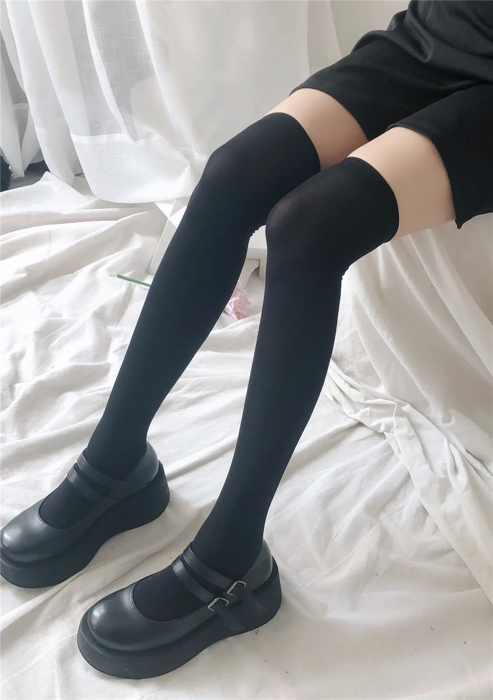 JK Damensocken, niedliche schwarz-weiße Samt-Lolita-Langsocken, modische einfarbige kniehohe Socken, Kawaii Cosplay sexy Nylonstrümpfe – Detail 8