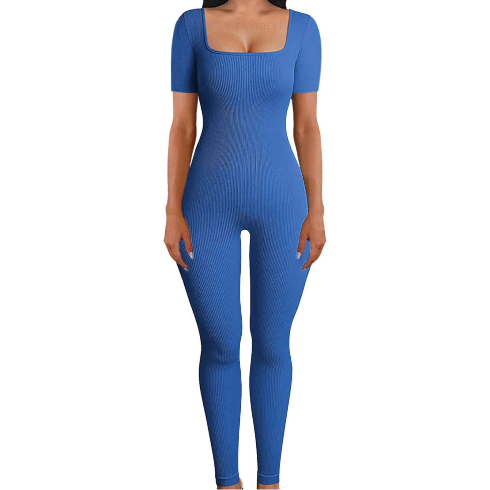 

Womens Sexy Bodycon Jumpsuits Short Sleeve Square Neck Knit Outfit Overalls Solid Color Skinny Rompers