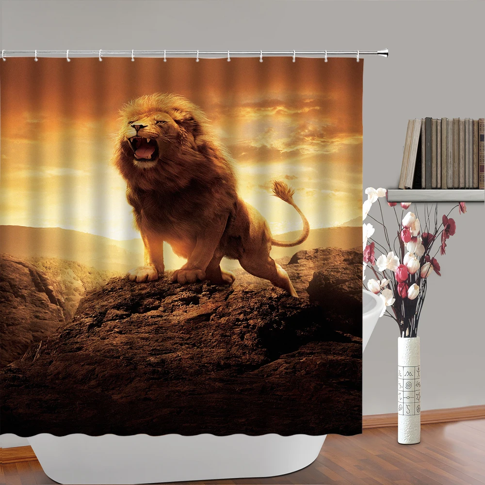 Forest King Lion Shower Curtain African Wild Animal Polyester Fabric Kids Bathroom Decor Curtains Bathtub Screen Set With Hooks