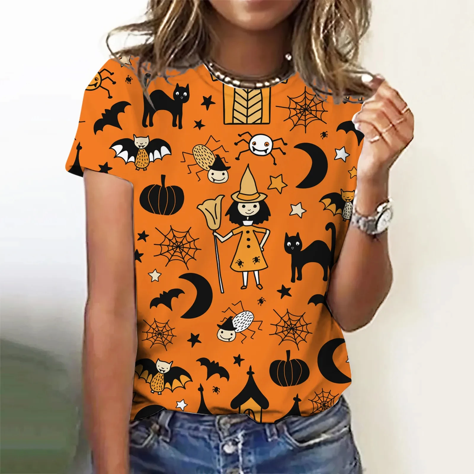 

2023 Women's New 3D Printing Halloween Pumpkin Texture Bat Pattern T-shirt Summer Short Sleeve Round Neck Top Clothing