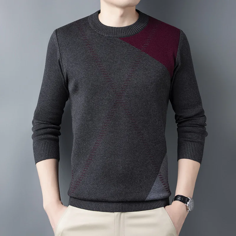 Autumn Winter Men's Pullover Round Neck Solid Screw Thread Long Sleeve Sweater Knitted Undershirt Fashion Casual Formal Tops