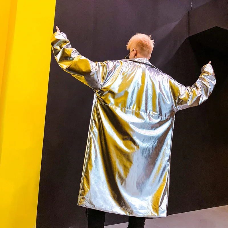 Hip Hop Harajuku Streetwear Reflective Mens Shiny Gold Trench Coat Nightclub DJ Dancer Stage Performance Glossy Windbreaker