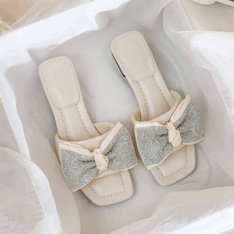 

Шлепанцы женские на квадратном каблуке, сланцы, без задника, с бантом-бабочкой, квадратные тапочки, лето 2024