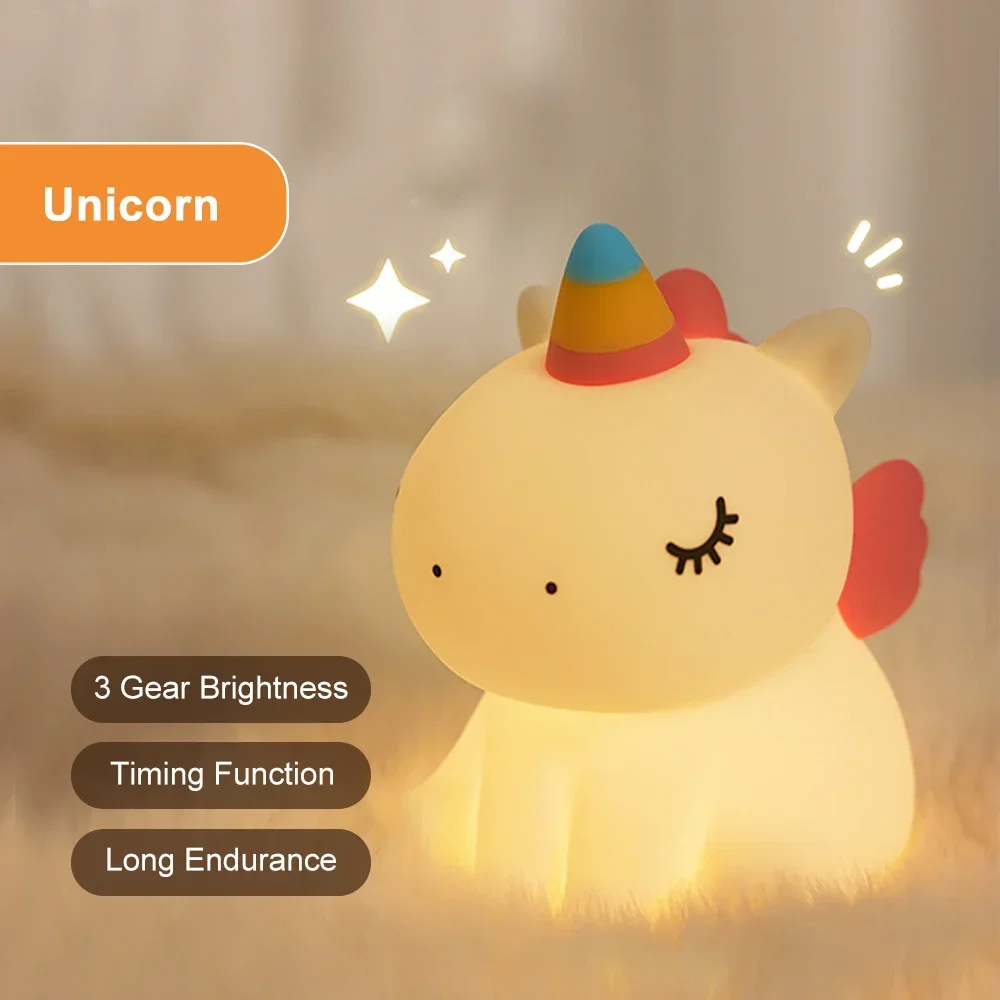 Unicorn Silicone LED Night Light - Rechargeable Cartoon Animal Bedroom Decor & Kids' Gift