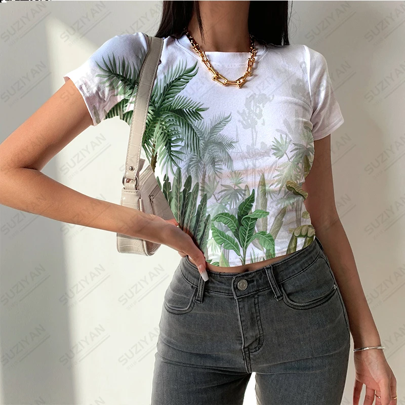 

Women's Summer New Fashion Short Top 3D Print Leaf Flower Print Short Sleeve T-shirt Women's Round Neck Sexy Casual Style Top