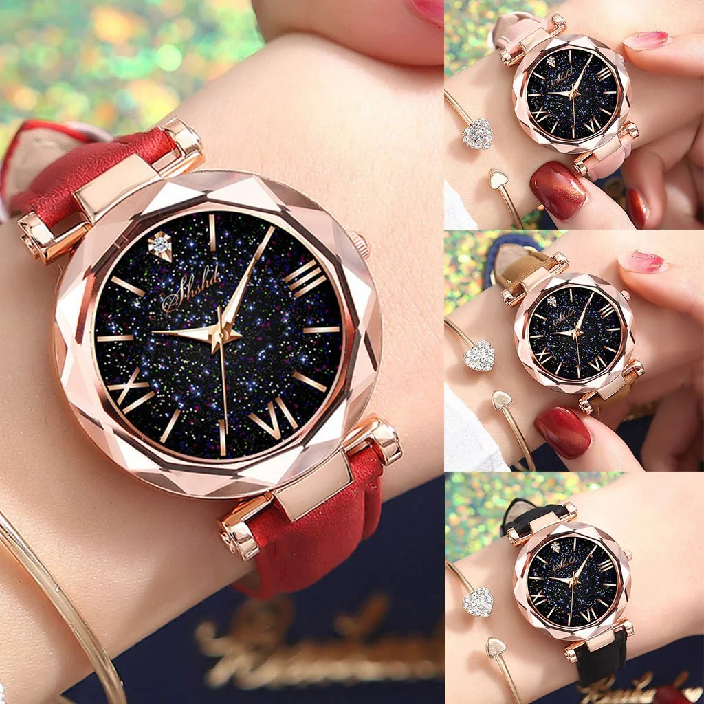 

Romantic Starry Sky Women Watch Luminous Rhinestone Ladies Wristwatch fashion Leather band Watches Relogio Feminin Montre Femme