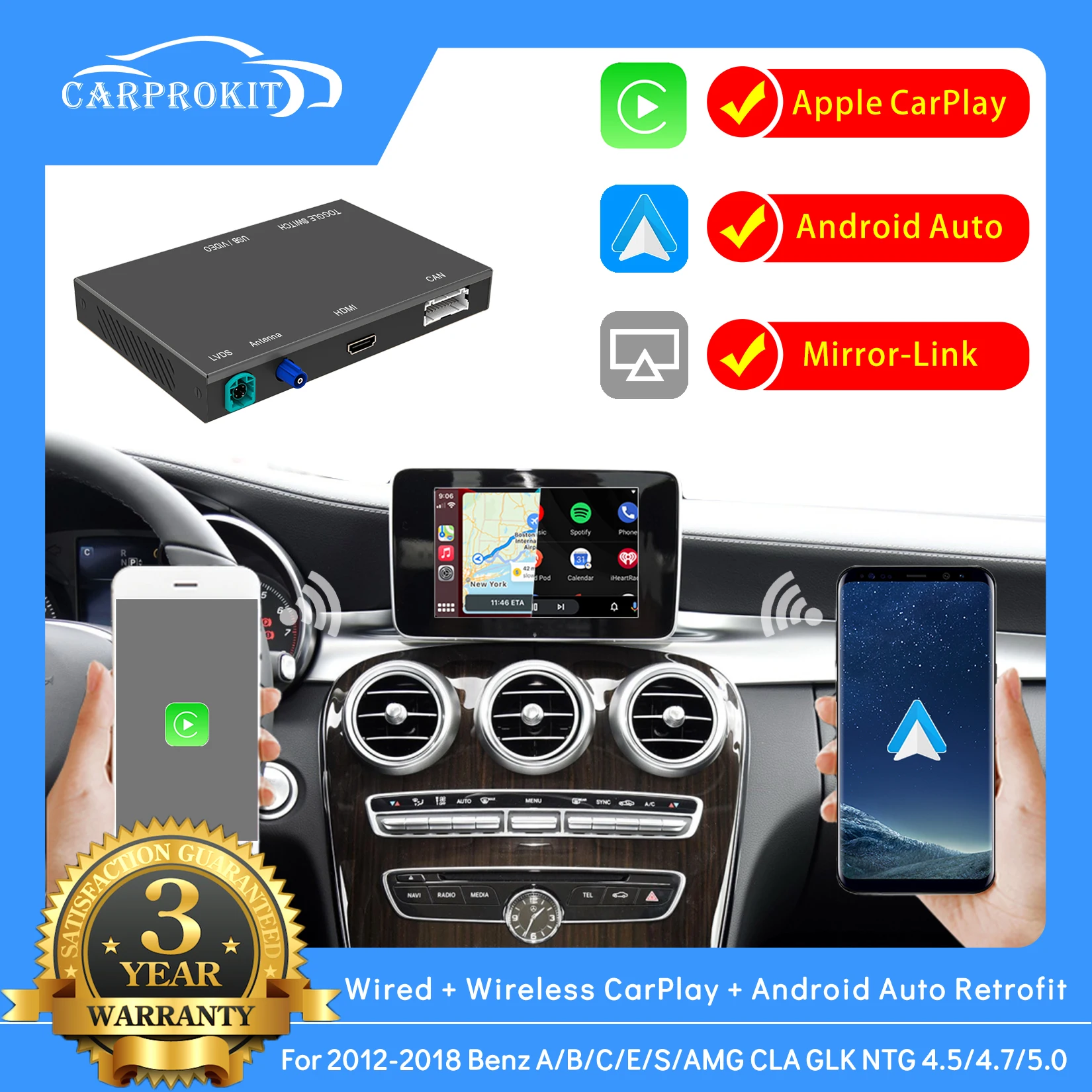 

CarProKit For Mercedes-Benz A/B/C/E/S/AMG 2012-2018 NTG 4.5/4.7/5.0 Wireless Apple CarPlay Android Auto Retrofit Decoder Box Kit