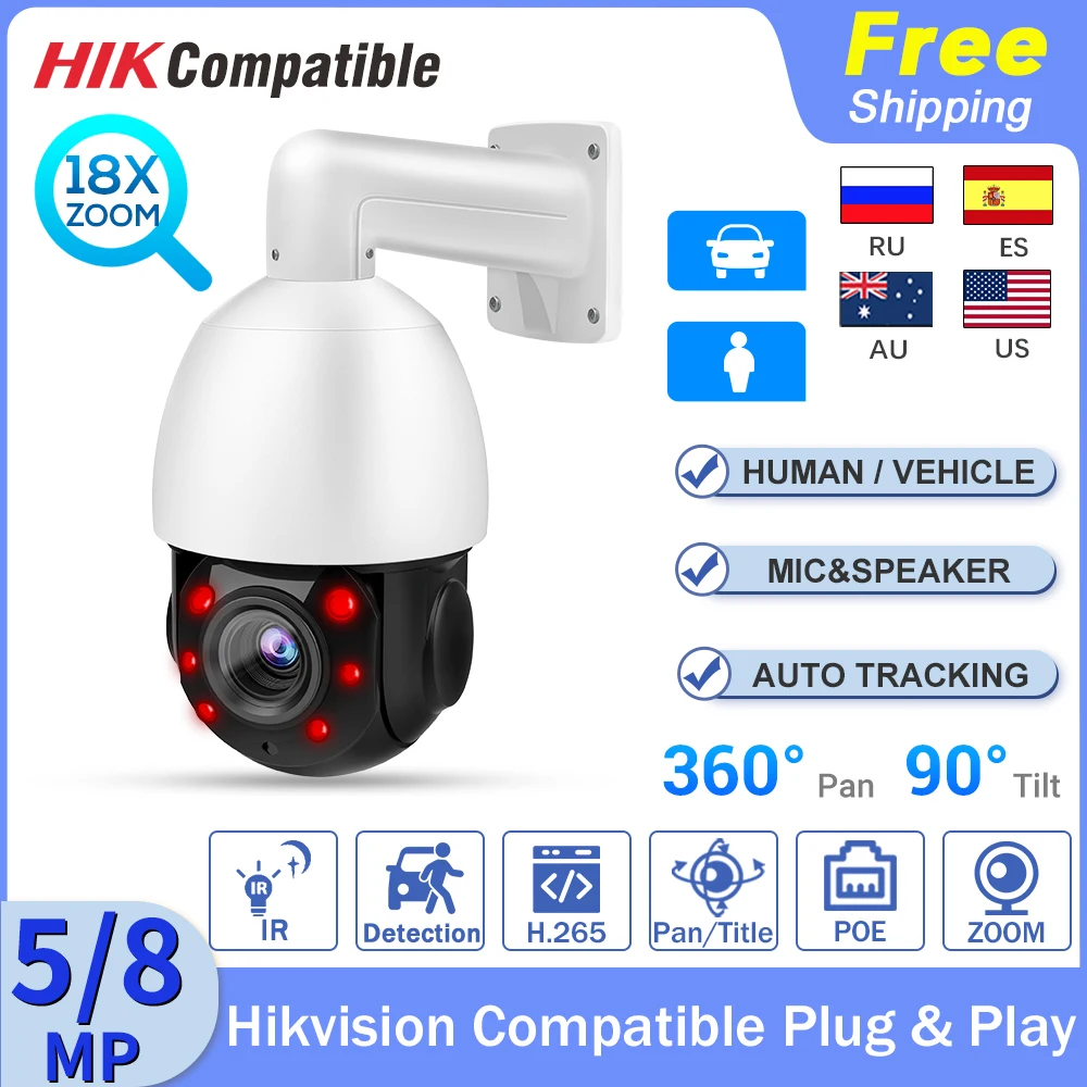 

Hikvision Compatible 8MP 4K IP Camera Exterieur PTZ 18X Zoom AI Auto Tracking Dome Security POE Two Way Audio Video Surveillance