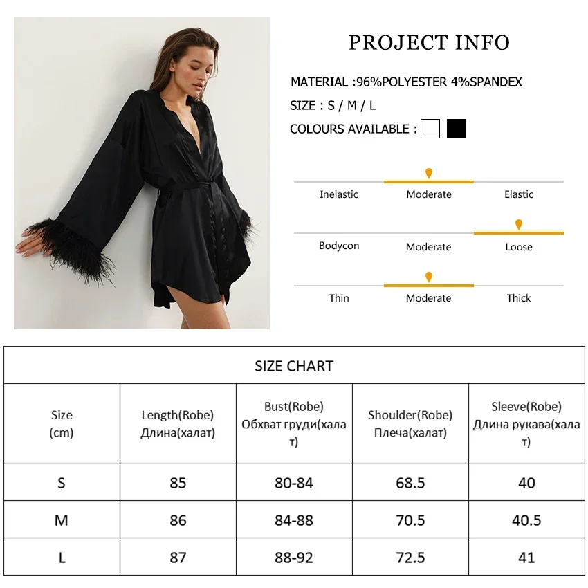 Feather Bathrobes Satin Sexy Mini Dress Long Sleeve Loose Peignoirs For Women Robe White Wedding Dress Black Bride Dresses