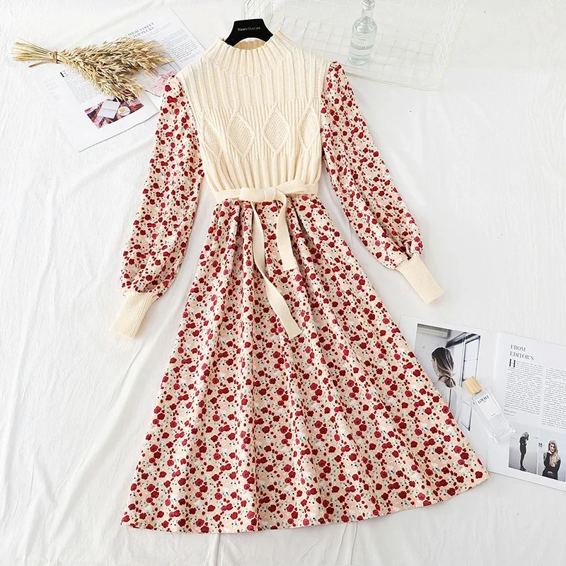 

Autumn Sweater Dresses for Women Winter Splicing Pullover Bow Belt Slim Knitting Sweet Corduroy Floral Print Midi Dress Vestidos