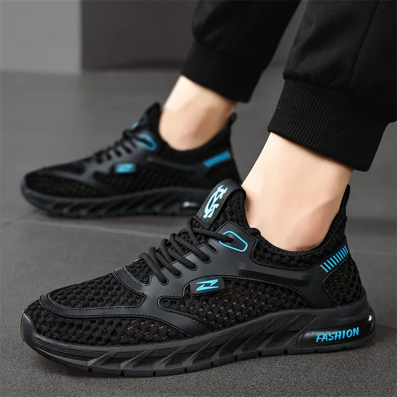 Men Lace Up Sneakers Mesh Hollow Round Toe Wading Vulcanised Shoes Breathable Thick Sole Comfort Trainers Chaussure Homme