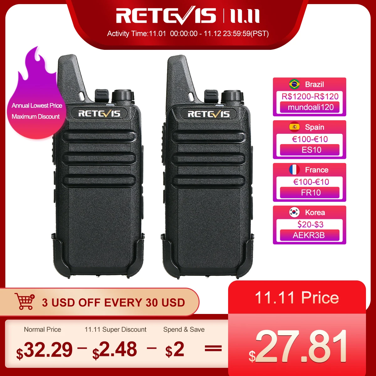 Walkie Talkie Retevis RT622 | PMR446 Ricaricabili USB-C, VOX E Squelch - 2 Pezzi Nero