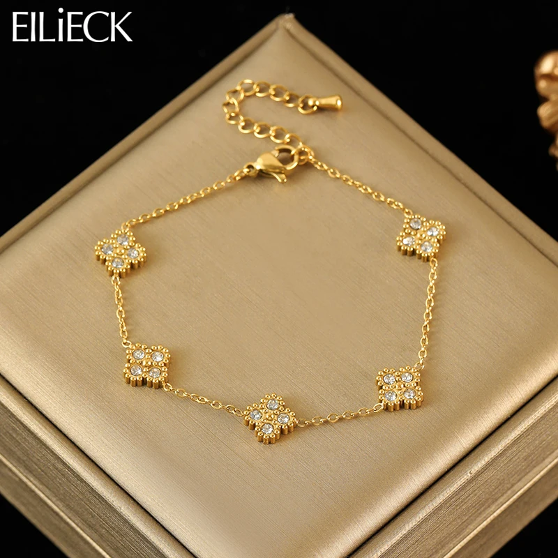 EILIECK 316L Stainless Steel Flower Clover Zircon Bracelet