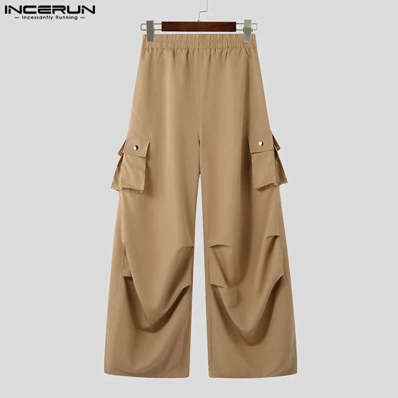 INCERUN Summer Men Wide Leg Pants Fashion Cargo Pants Solid Pocket Pleated Long Trousers Oversized Pantalons Men's Clothing 5