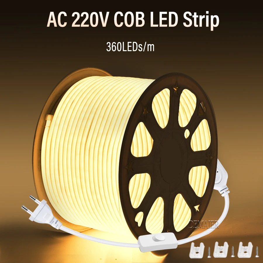 

COB LED Strip 220V Waterproof Outdoor Decor 360Leds/M RA 90 High Brightness 3000K 4000K 6000K Flexible Ribbon FOB warm white