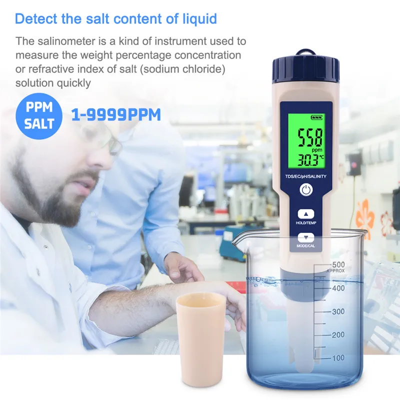 Yieryi 5 in 1 TDS EC PH Salinity Temperature Meter Digital Water Quality Monitor Tester for Spa Pools Aquariums 5