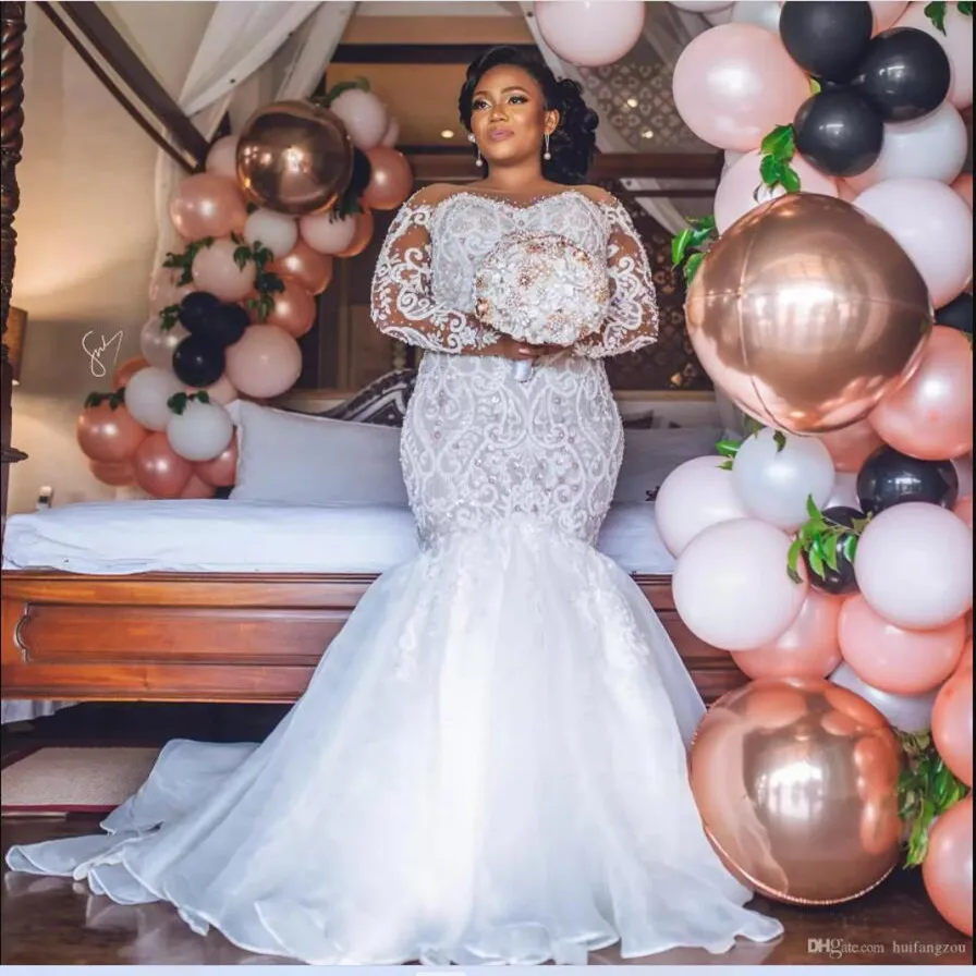 

African Plus SizeBeaded Crystals Wedding Dresses Lace Appliqued Long Sleeve Mermaid Bridal Gowns Robe De Mariee Manche Longue