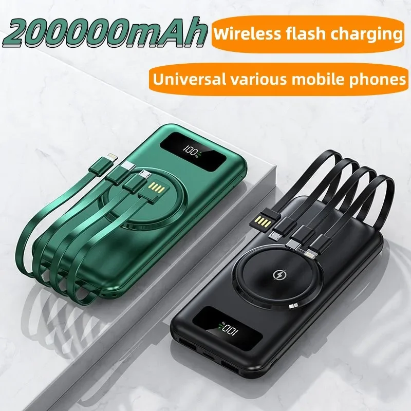 2024 New Wireless Power Bank 200000mAh Intelligent Control Direct Sales Portable Power Bank with Cable and Mobile Power Supply