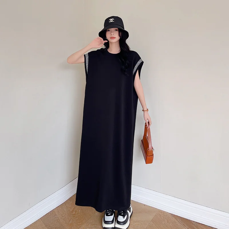 

2024 Spring/Summer New Product Splicing Silver Ribbon Round Neck Loose Long T-shirt Dress