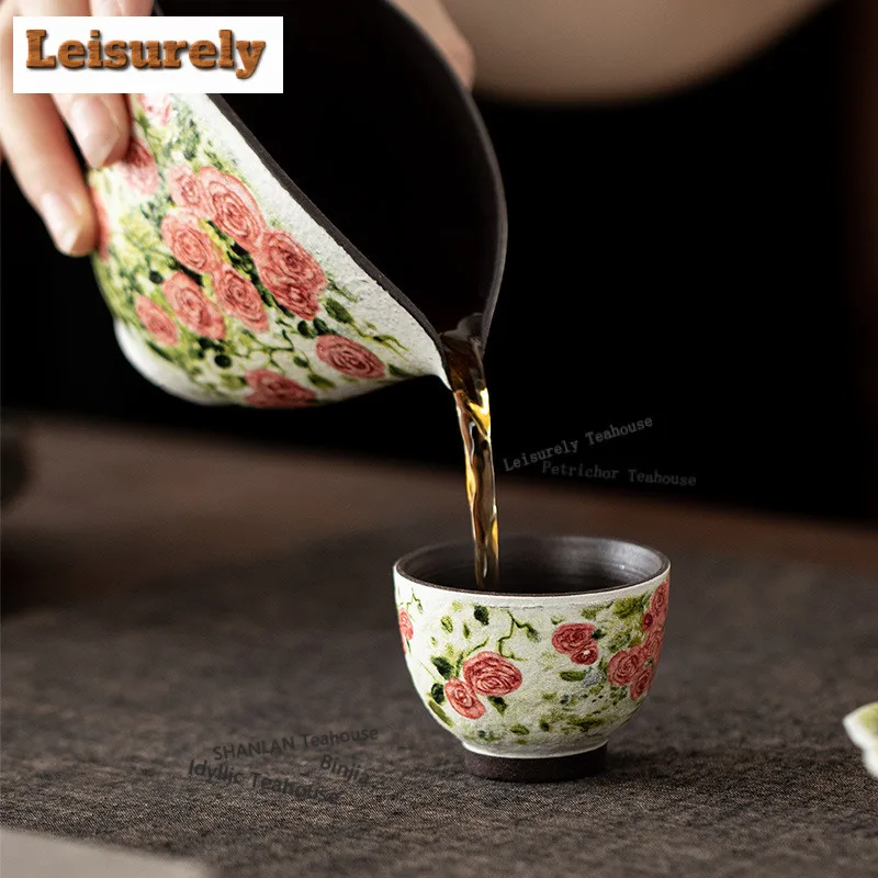 50ML Oil Painting Style Rose Flower Whisper Teacup Luxury Tea Bowl Tea Pair Tea-tasting Meditation Cup Chazhan Master Cups Cha