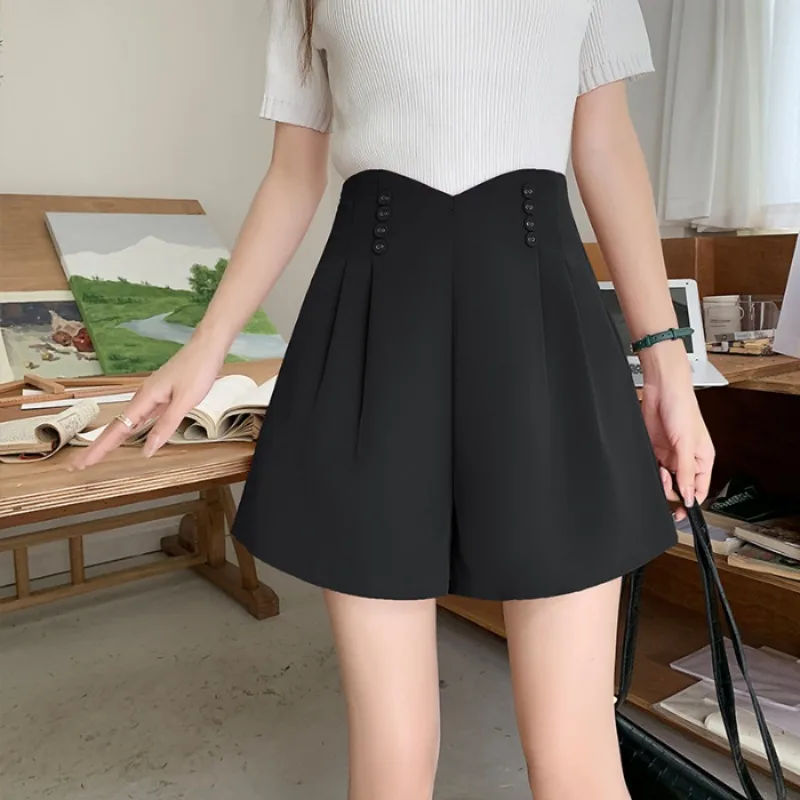2024 Minimalist New Casual Summer Women's Solid Color Suit Thin Elastic Pleated High Waist Loose Casual A-line Wide Leg Shorts