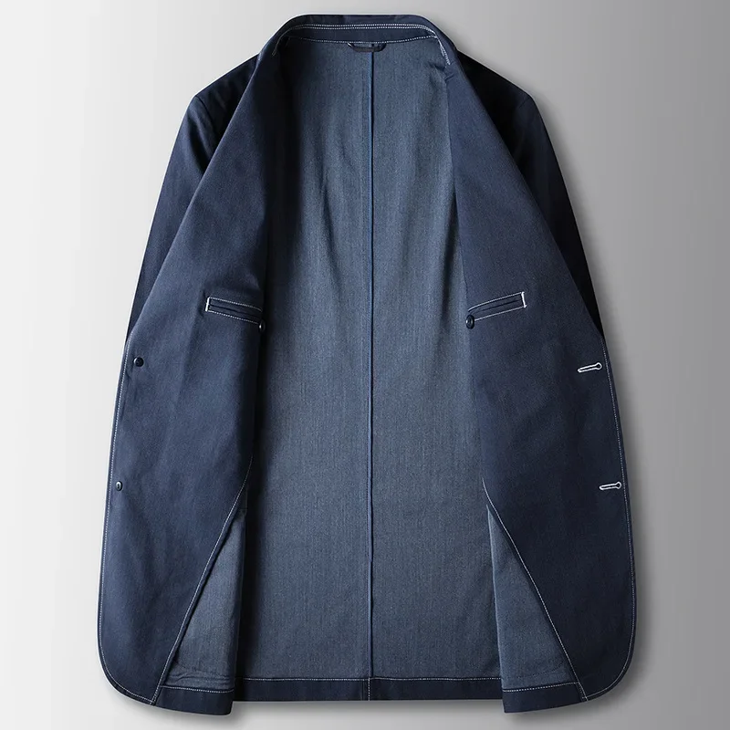 Men Casual Suit Blazer Spring Thin High Quality Denim Blue Suit Jacket Streetwear Boys Long Sleeve Button Up Top Grey Coat