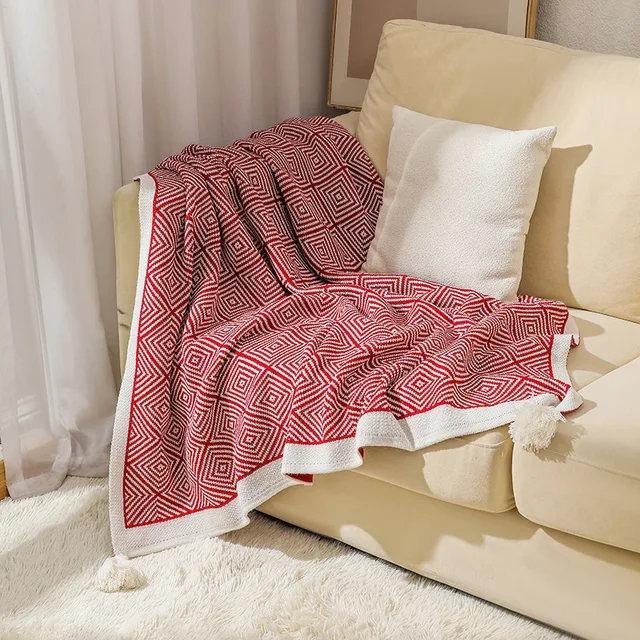 Ethnic Style Sofa Cover Blanket, Knitted Blanket, Herringbone Patterned Air Conditioning Blanket, Tassel Nap Blanket 2