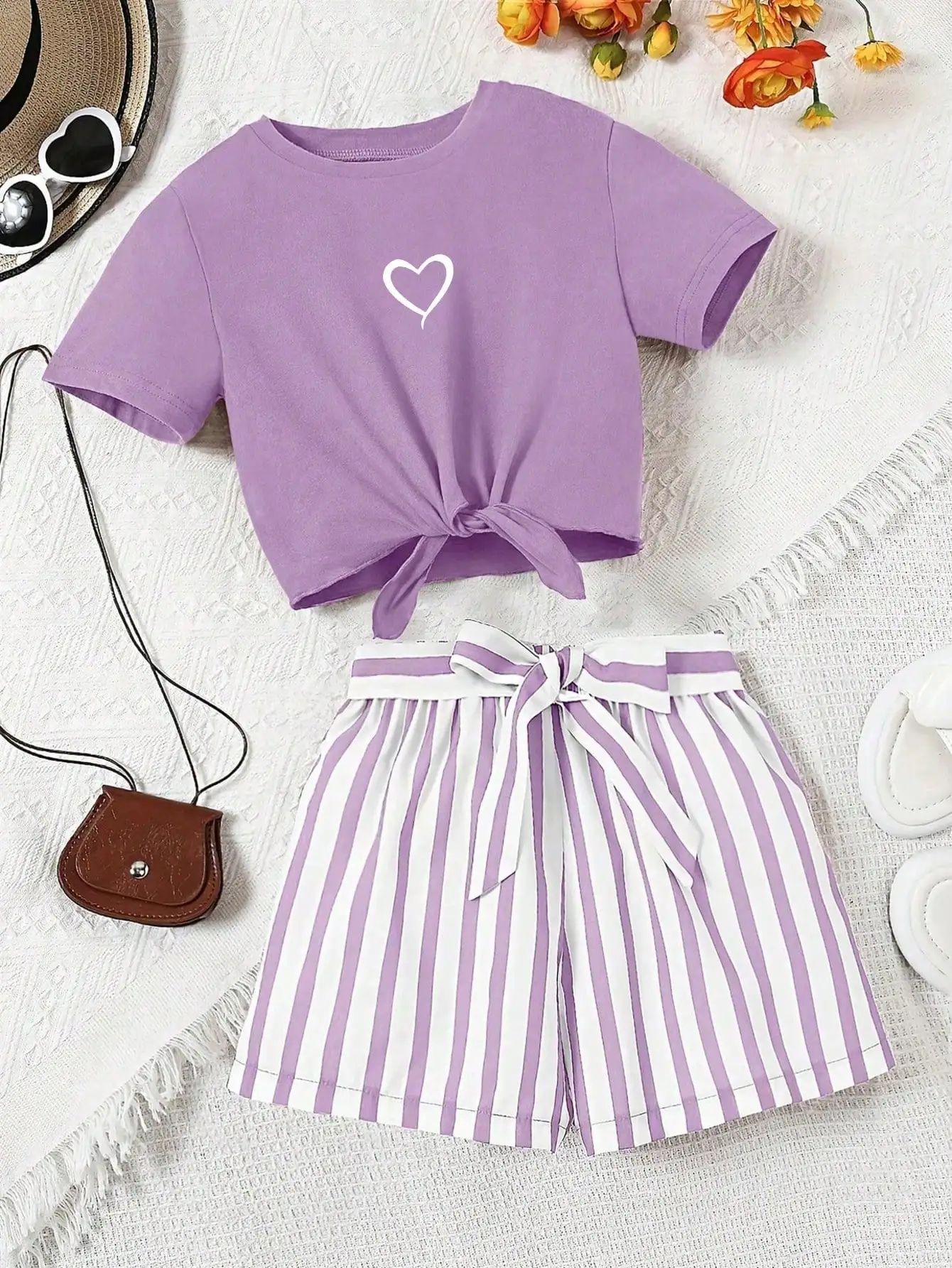 Women's casual daily short sleeved love printed+striped printed shorts 2-piece set with random belt striped children's clothing 2