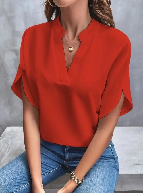 Casual Solid Color V-Neck Irregular Sleeve Design, Loose Fitting Shirt, New Top for Women's Summer Wear, Daily Commuting Wear