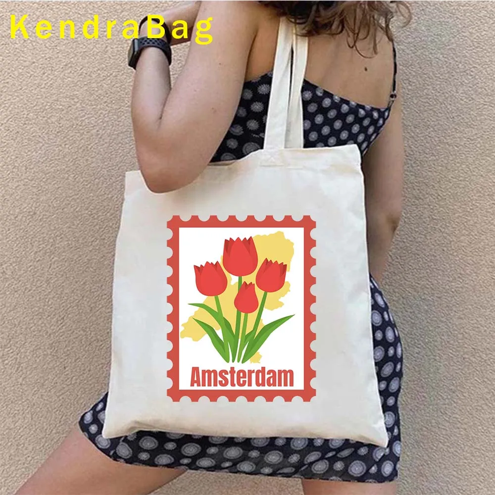 Amsterdam Canal Houses Skyline Landmark Netherlands Windmill Holland Vintage Travel Shopper Harajuku Canvas Tote Bag Eco Handbag 5