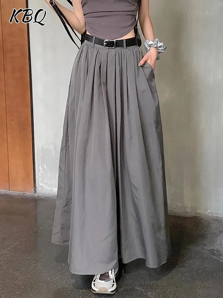 KBQ Spliced Belt Minimalist Pleated Skirt For Women High Waist Patchwork Pocket Solid Tunic Design Casual A Line Skirts Female