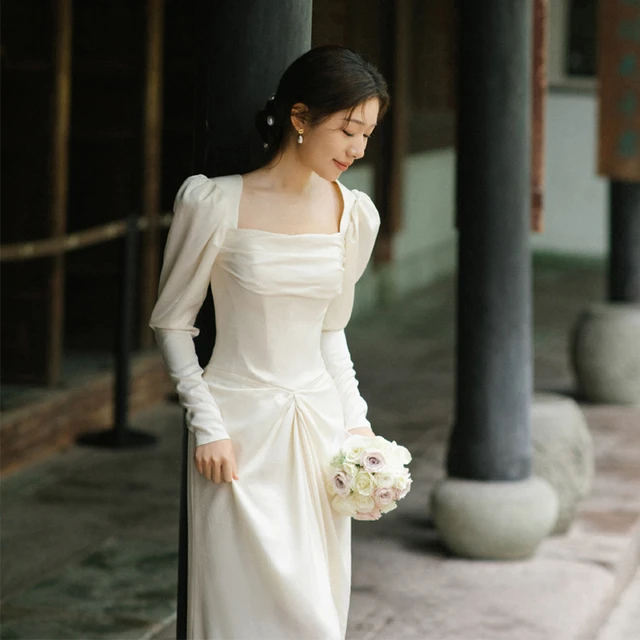 SWEETQT New Korean Light Wedding Dress Bridal Dresses White Bride Oansatz  Dream Princess Simple Long Sleeve Lace Appliques (Color : Off White 112, US  Size : 10) : Amazon.de: Fashion