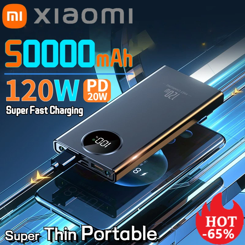 Portable Power Bank Xiaomi 50000mAh 120W Fast Charging Super Thin External Battery Dual USB For iPhone Android