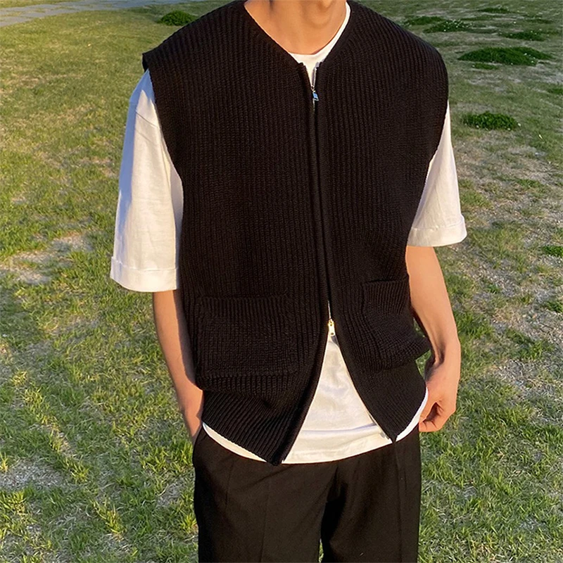 Men's Knitted Sleeveless Zipper Sweater Casual Luxury Clothing Waistcoat Tide Port Style Leisure Pullover Spring Retro Knitwear