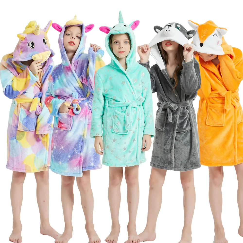 Girls Bathrobe Children Long Sleeve Hooded Robes Toddler Winter Nightgown Kids Sleepwear Child Unicornio Anime Shower Robe child bathrobe kids robe