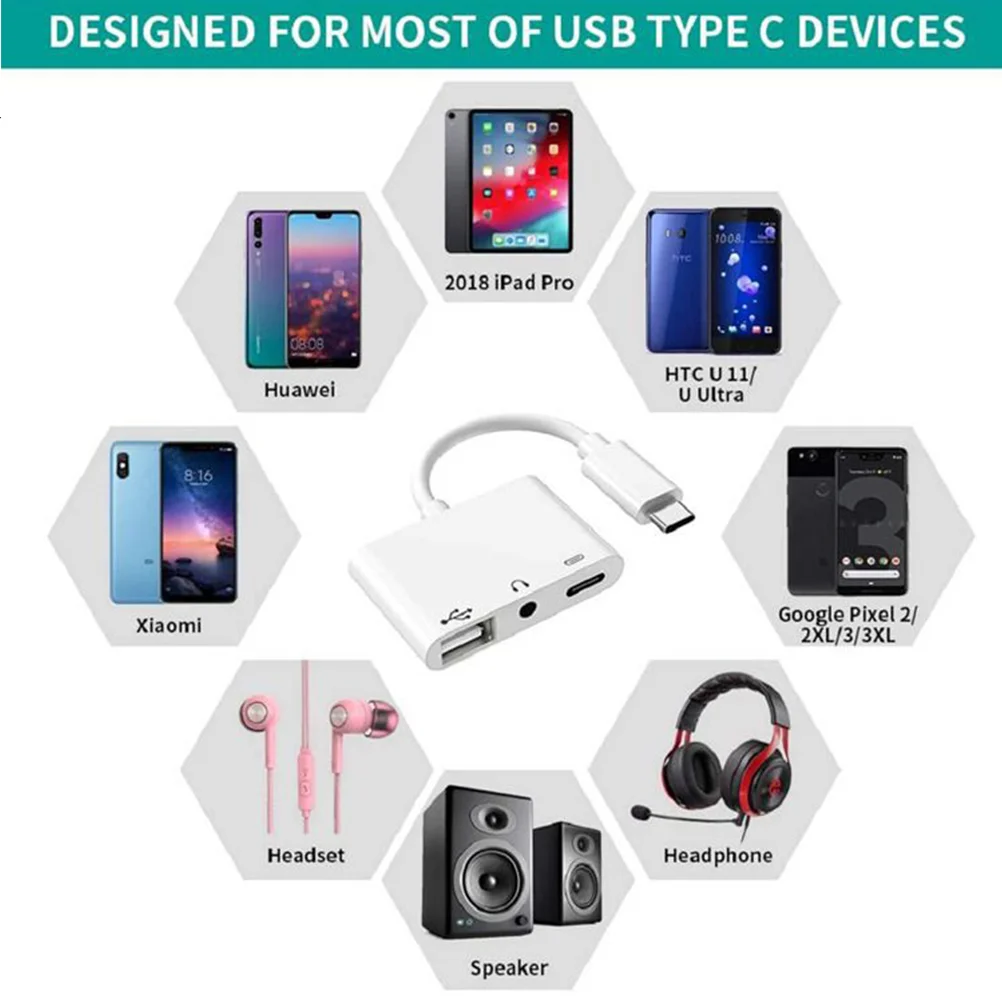 전문 C타입 헤드폰 어댑터, 노트북 전화 어댑터, 다기능 이어폰, USB 2.0, 충전, 3.5mm 조명