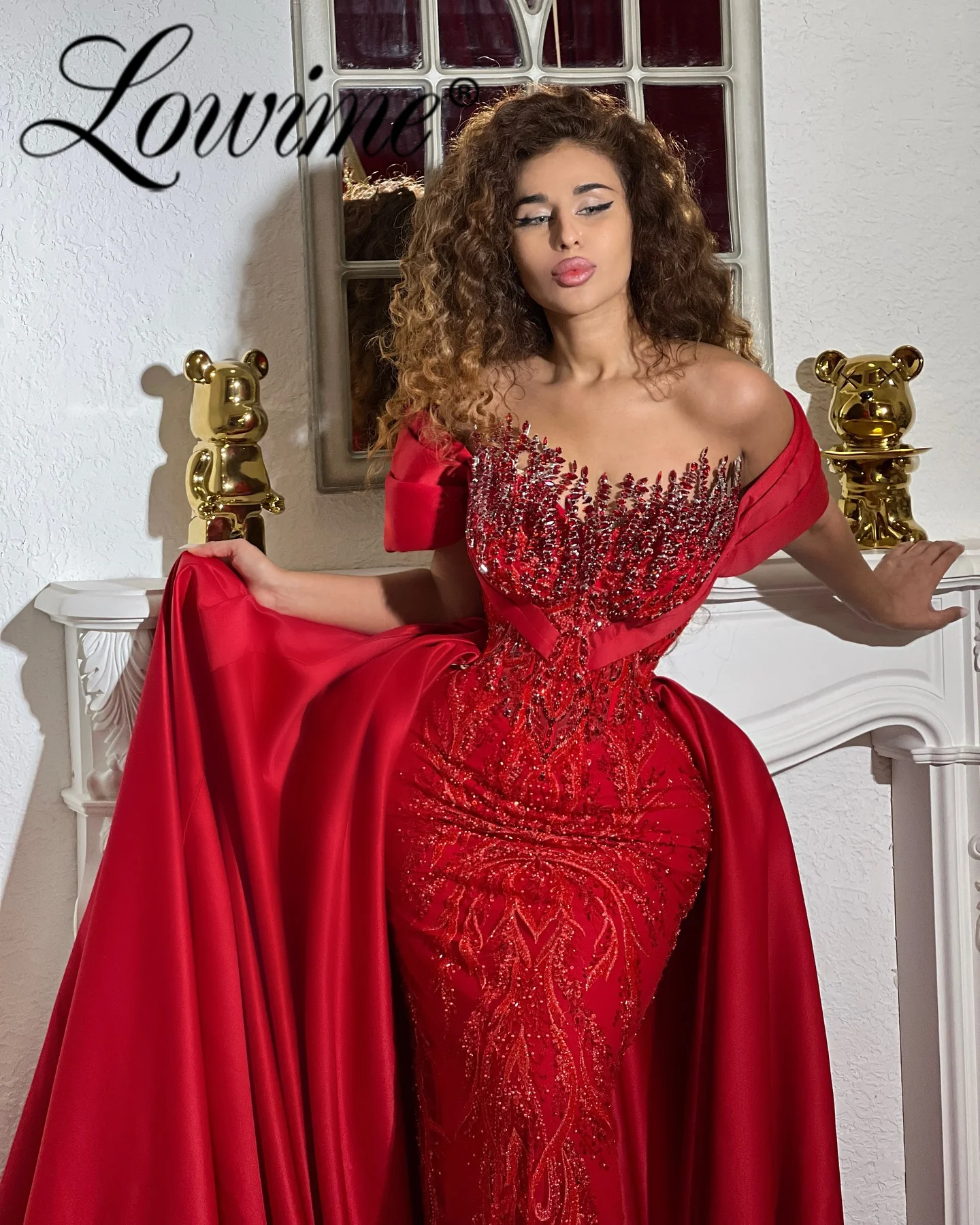 Elegant Red Mermaid Long Evening Gown Customize Prom Dress With Detachable  Train | eBay