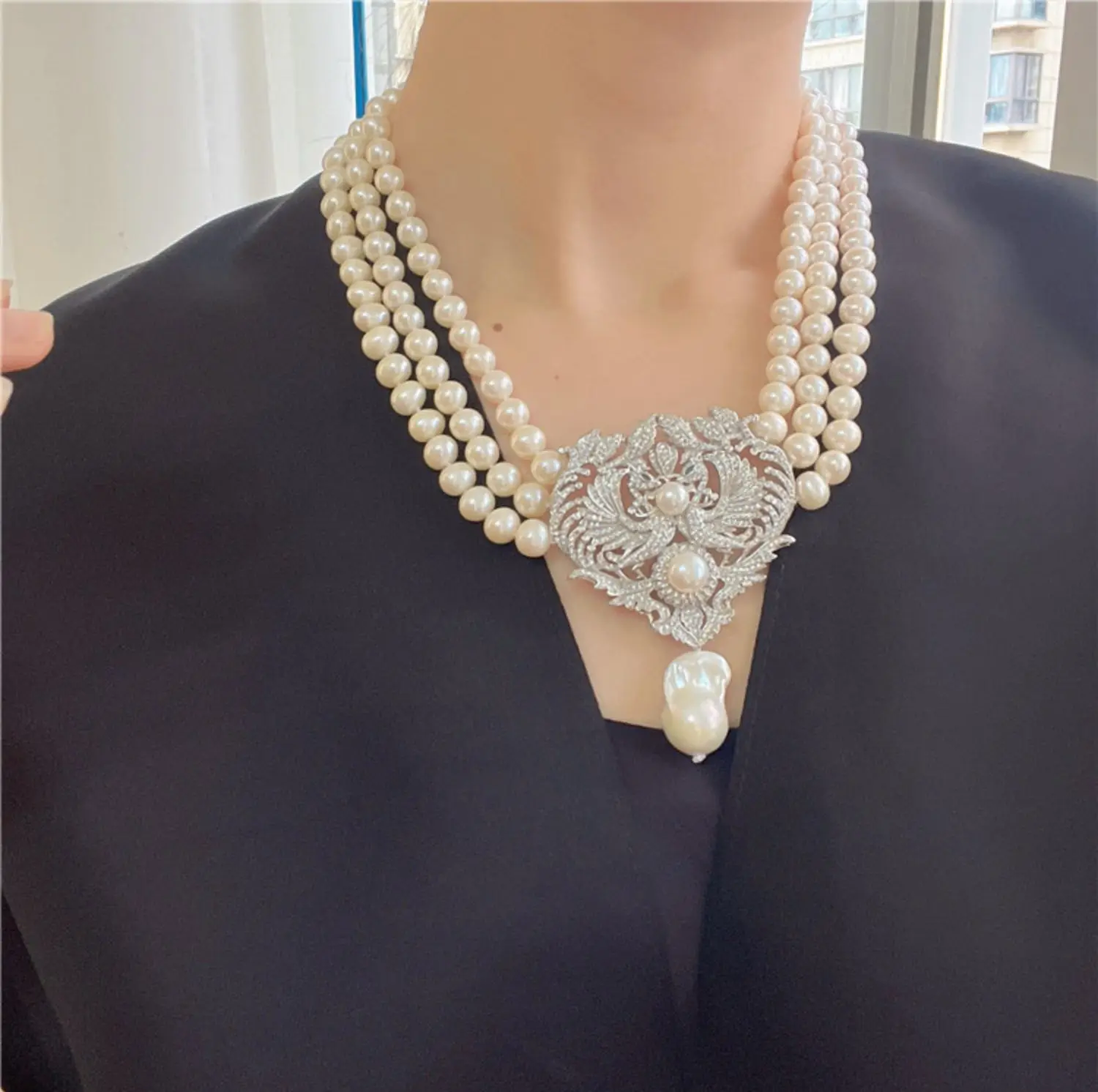 Natural 3 Strands8-9mm Freshwater Cultured White Pearl Necklace CZ Cubic Zirconia Pave Pendant Handmade For Women