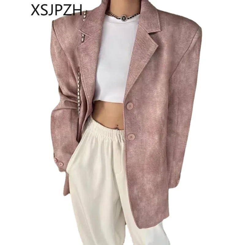 Pu Leather Tie Dye Single Breasted Suit Jacket Women 2024 Spring Autumn New Commuting Retro Loose Fashion Leather Coat Lady