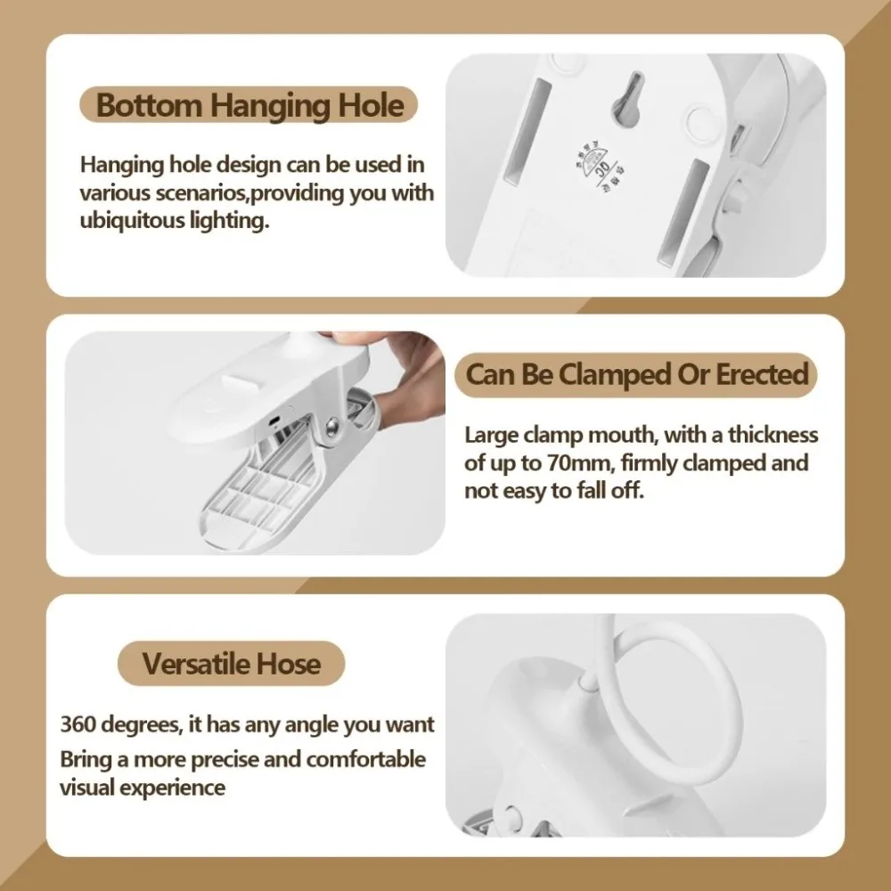 3 Colors LED Clamp Desk Lamp Touch Dimming Eye Protection Bedroom Table Lamp 360° Rotate Energy-Efficient Reading Lamp with Clip
