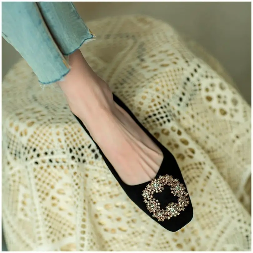 Flats Shoes Women's Spring Autumn 2022 New Casual Black French Square Toe Flats Rhinestone Loafers Ladies Shoe Plus Size 34-43 2
