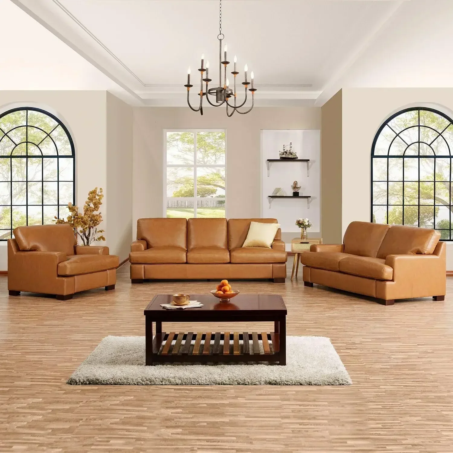 Hot Siggy Genuine Leather Sofa-Set of 3 Luxurious Comfort, Goose Feather Cushion Filling, Square Arm Design, Sturdy Block