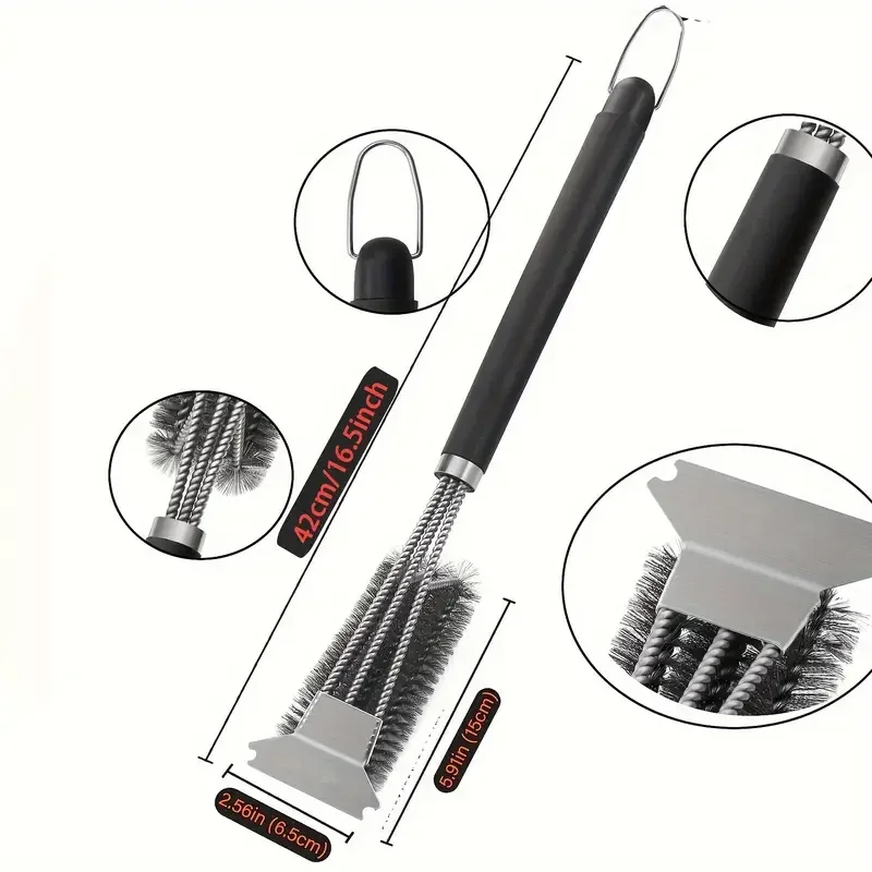 Heavy metal barbecue cleaning brush 1 piece with triple bristles barbecue grill cleaning brush outdoor cooking accessories