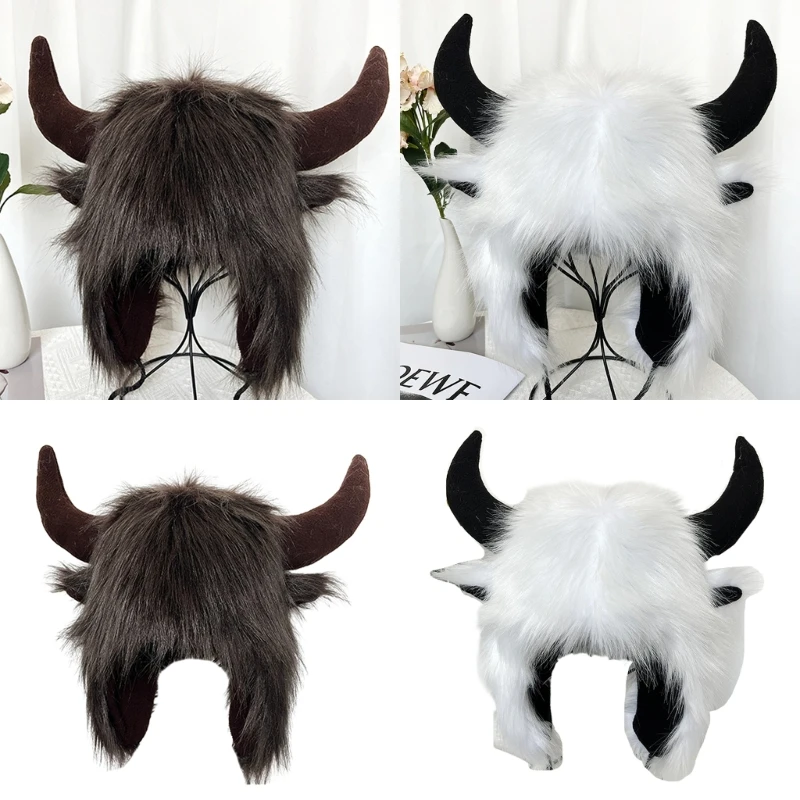 

Winter Headwear with Cool Horns Suitable for Stage Shows Halloween Cosplay Stylish Furry Hat with Horns Headwear