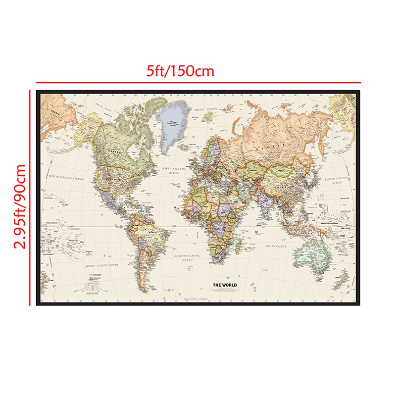 150x90cm The World Map In English Non-woven Painting Vintage Wall Art Poster for Living Room Home Decoration School Supplies