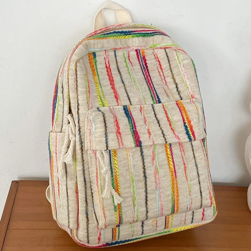 

Cotton Fabric Striped Backpack Zipper Casual Personality Large Capacity Bags for Women 2024 Fashion New Style Mochila De Mujer
