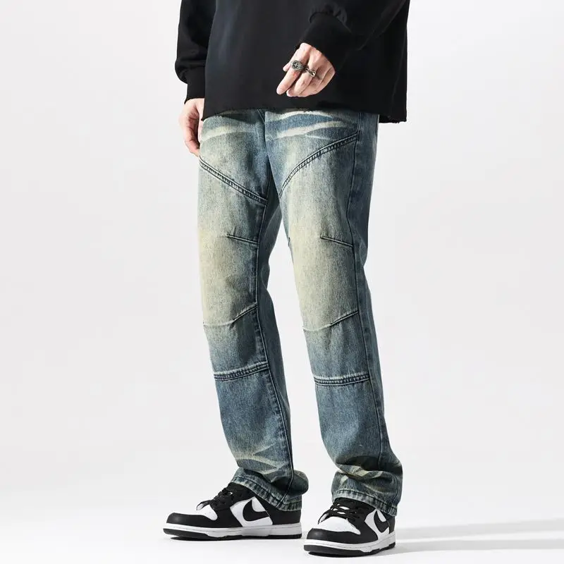 Spring and autumn vintage Distress washed mini flare jeans for men's American high street loose straight leg spring pants